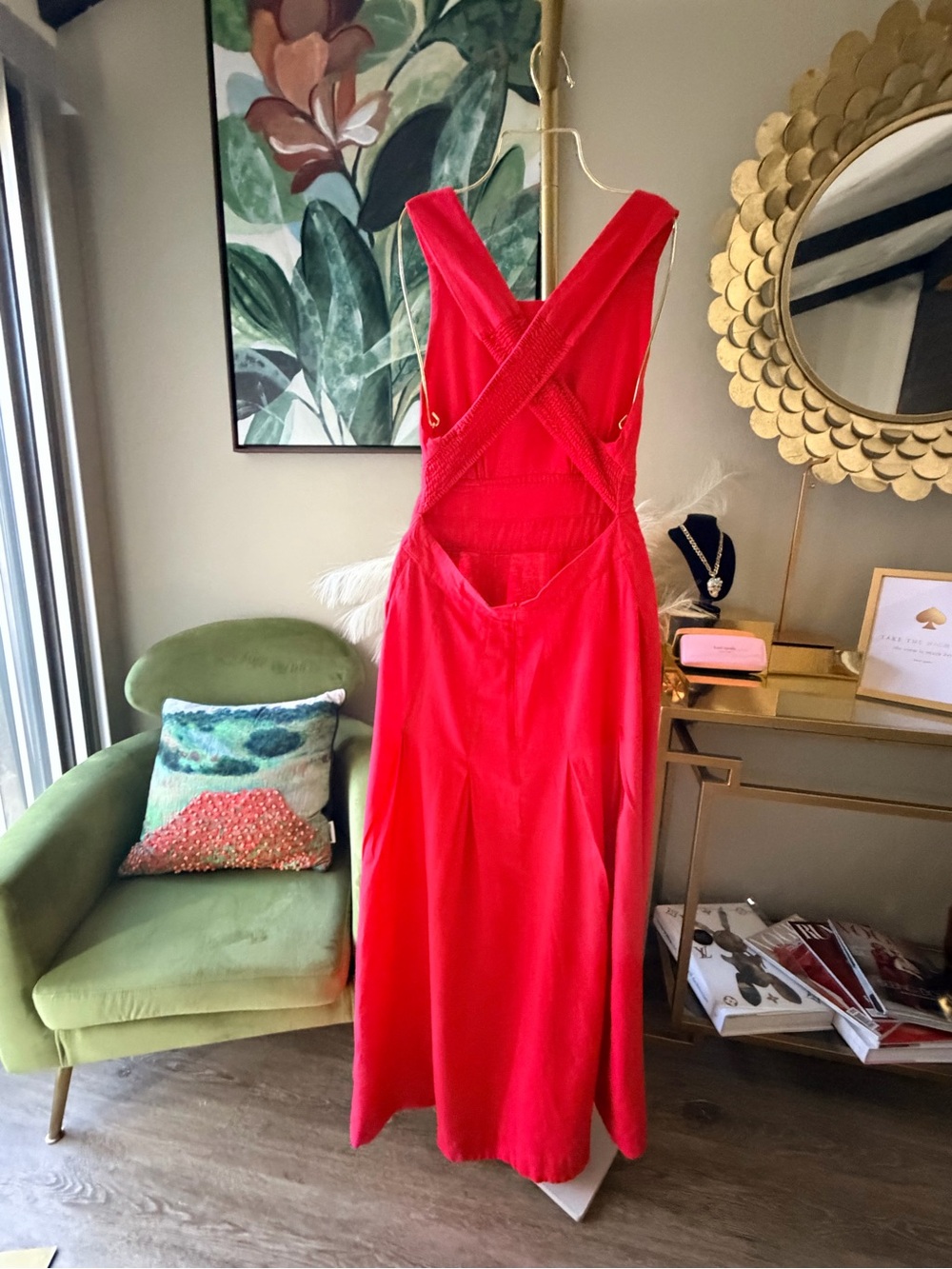 Rachel Zoe Red Linen Blend Cross Back Maxi Dress Size 8 Elegant Evening Gown - Picture 4 of 14